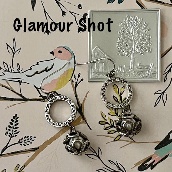 Silver Tone Pierced Earring Dangles with Caged Faux Pearls - Picture 2 of 5